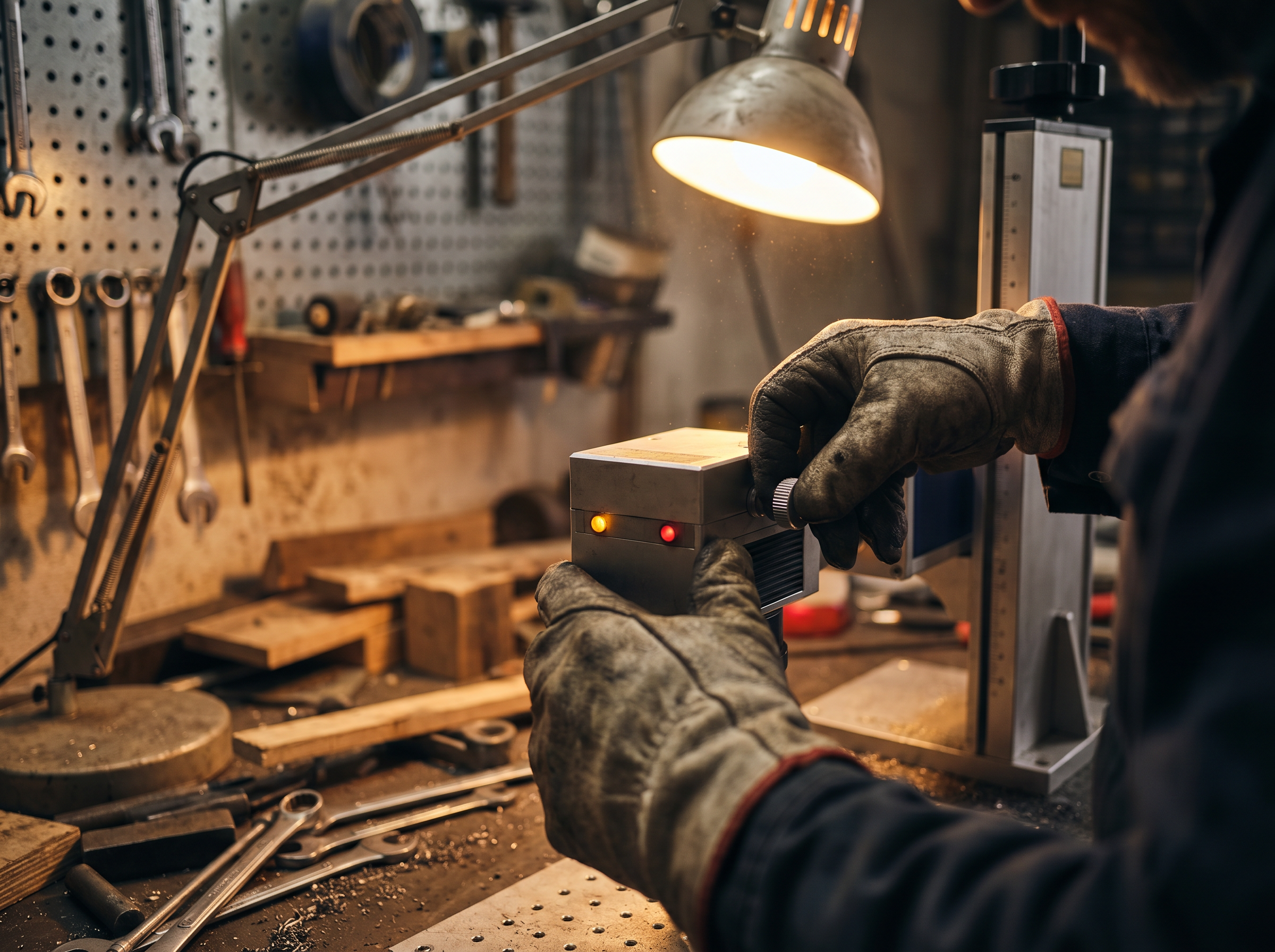 Craftsman working with laser engraving equipment in workshop