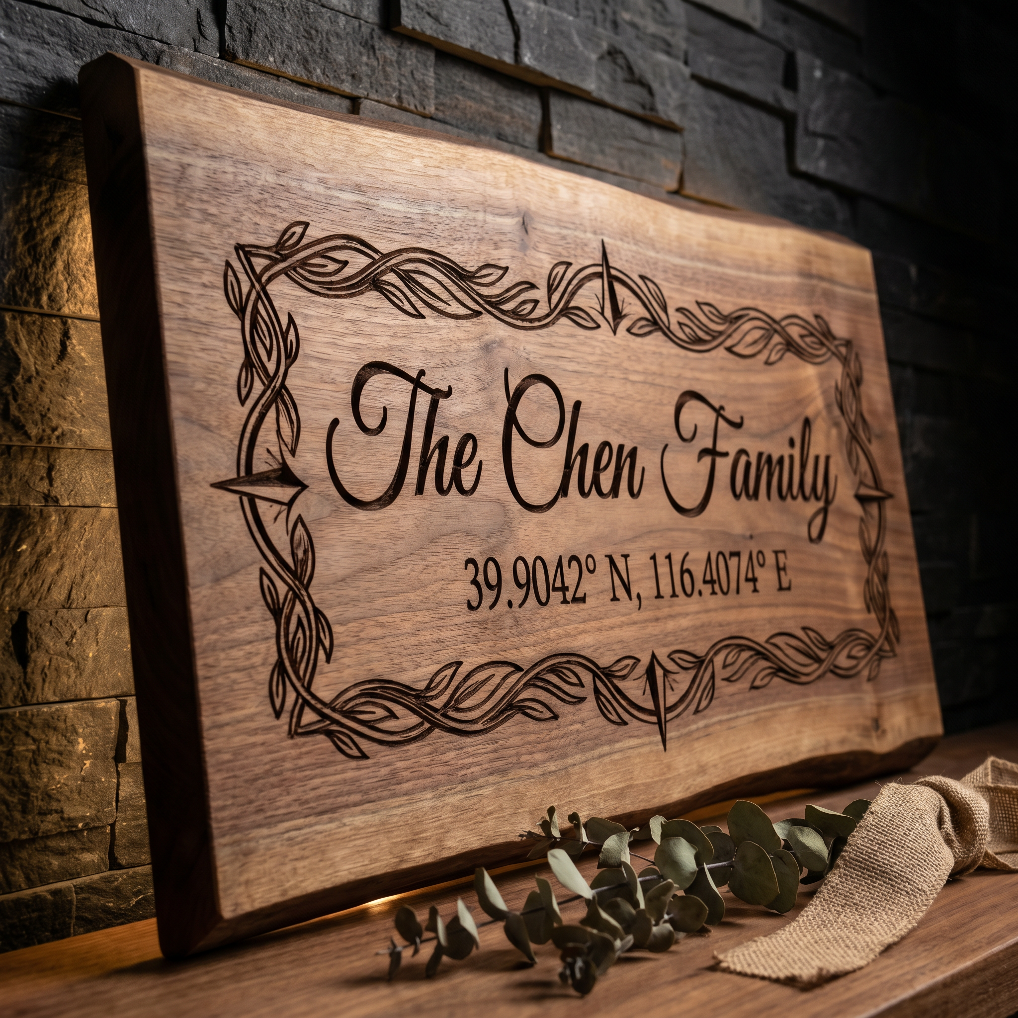 Custom laser engraved wood sign with family name and coordinates
