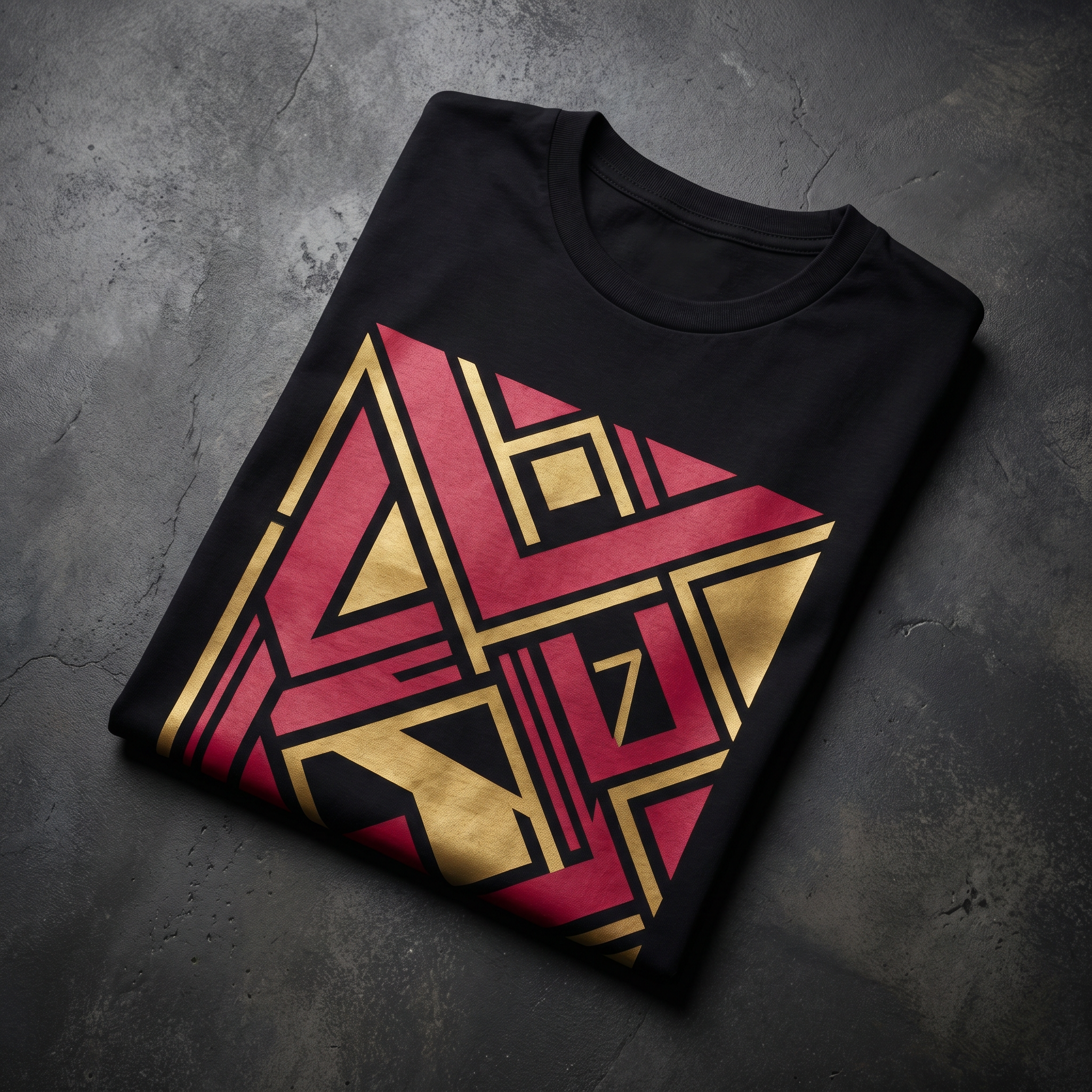 Custom DTF printed black t-shirt with geometric design