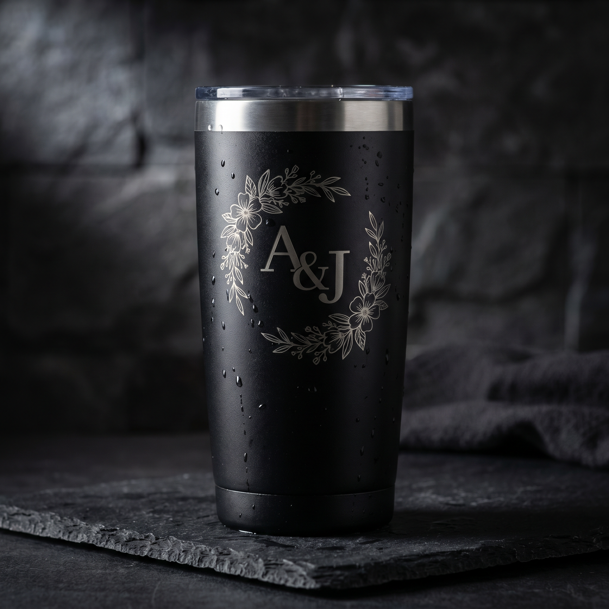Custom engraved monogram tumbler with floral wreath design