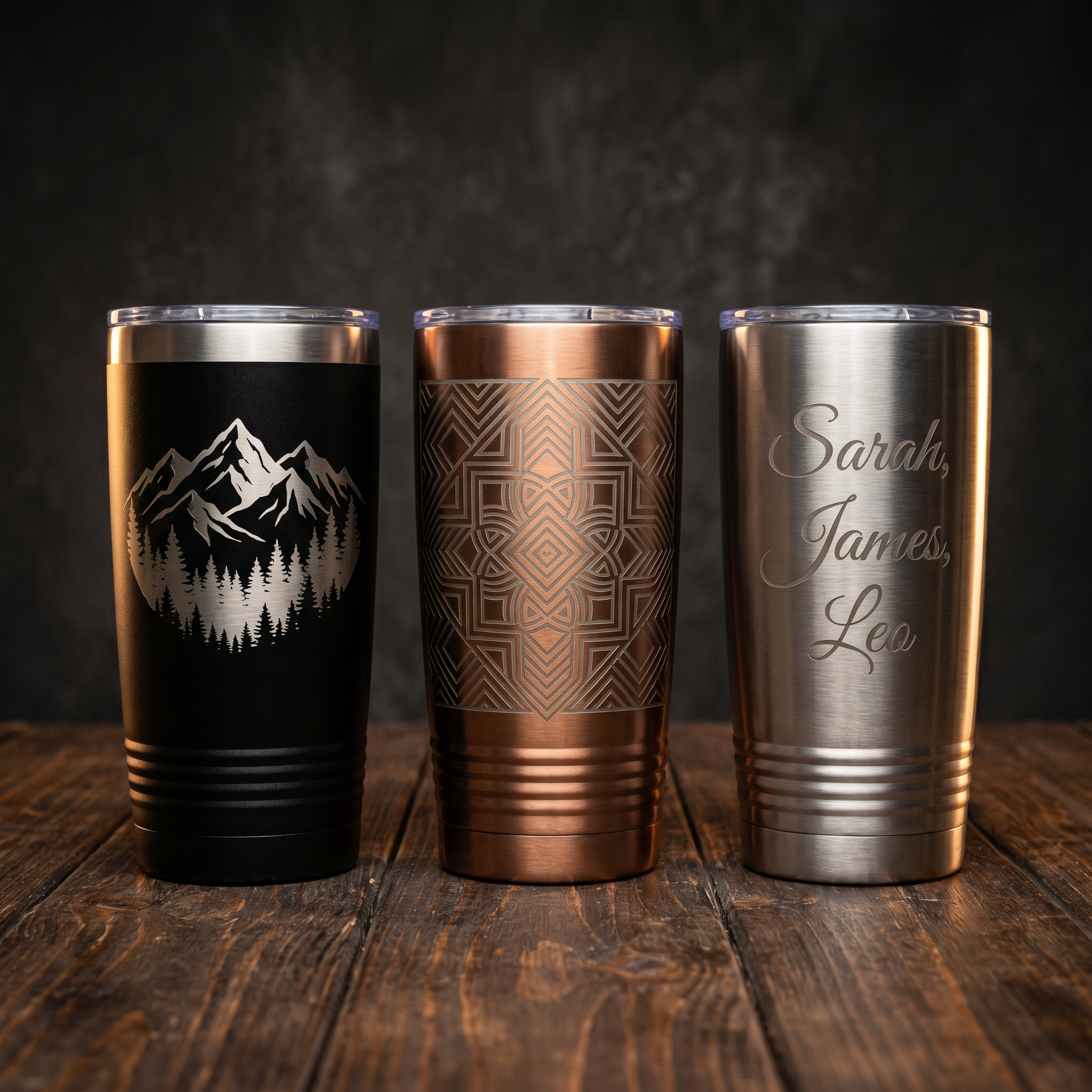 Three custom engraved tumblers with mountain, geometric, and name designs