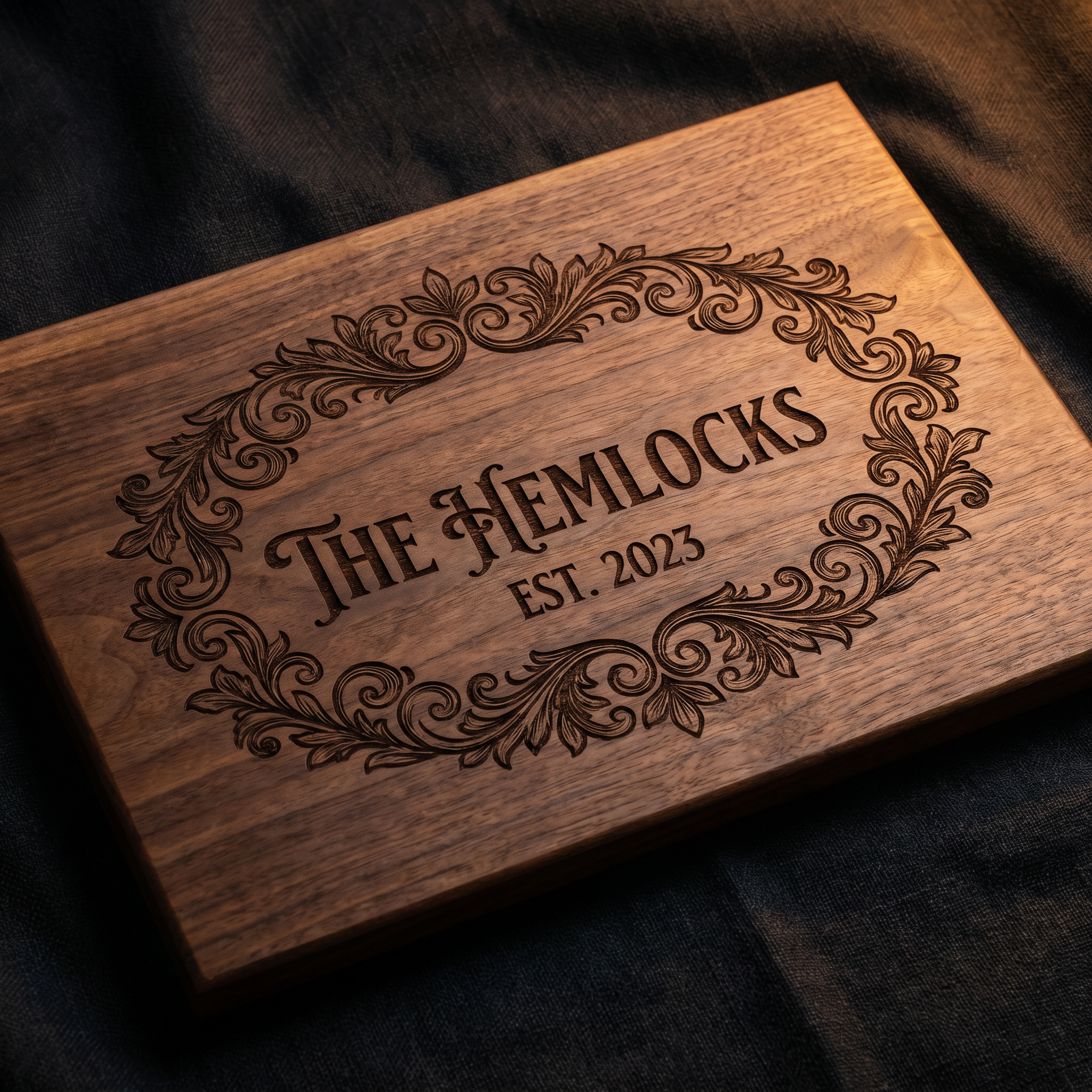 Laser engraved walnut cutting board with family name and border